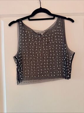 Veveret Black Pearl-Studded Mesh Crop Top